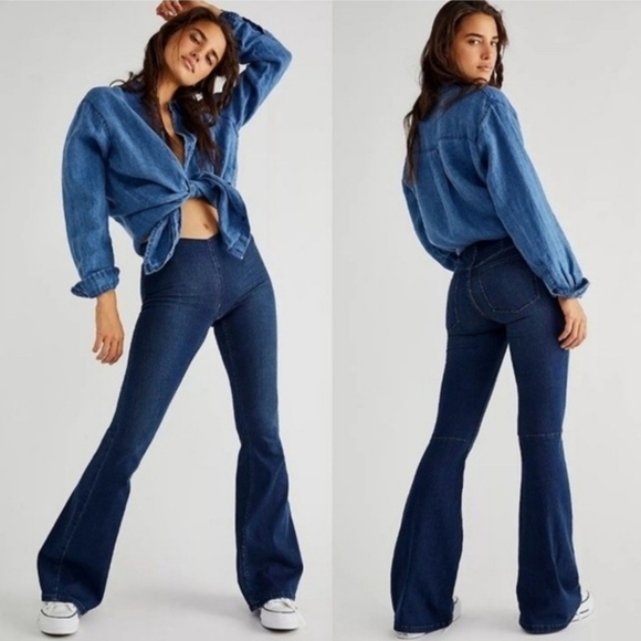 Free People Blue Denim Penny Pull-On Flare Jeans - Picture 2 of 9